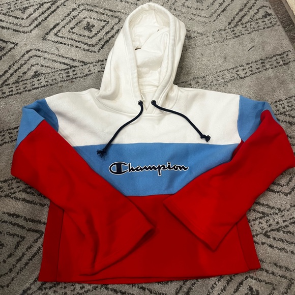 Champion Reverse Weave Striped Hoodie Women Medium Blue Red White EUC - Picture 4 of 8